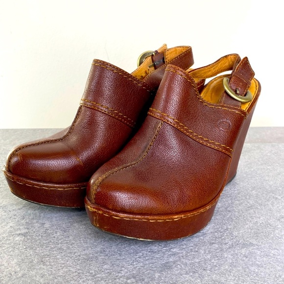 Born Brown Leather Clog Wedge Heels Mules Size 8 -100% leather - Picture 1 of 6